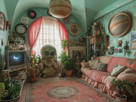 Interior of an alien living room with a sofa and many decorative elementsの素材