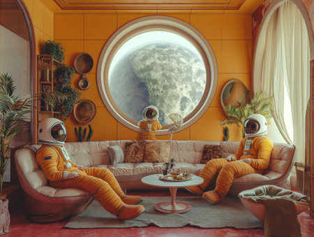 3D rendering of multiple astronauts in an orange living room with a window with view of a planetの素材