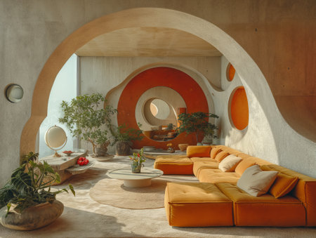 Interior of modern living room with orange sofa and round mirror.の素材