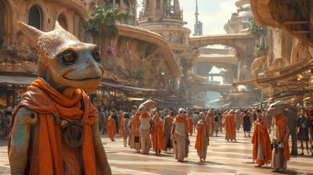 Alien species in the streets of a fantasy City on an otherworldly planetの素材