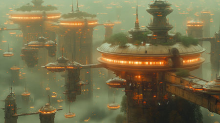 3d rendering of a fantasy city in a foggy day.の素材