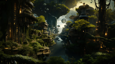 3D illustration of fantasy landscape with fantasy city and lake. 3D renderingの素材
