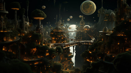 Fantasy landscape with city and moon. 3d rendering. Computer digital drawing.の素材