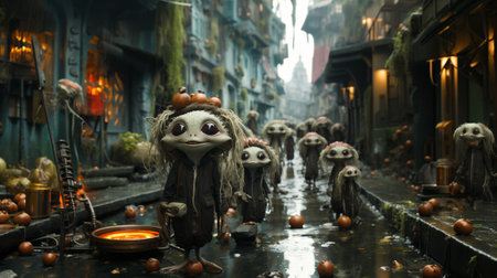 Fantasy creatures in alien city street. 3D Renderingの素材