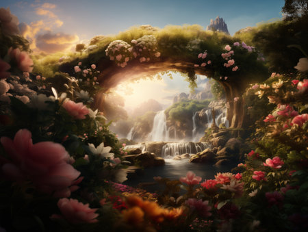 3D rendering of a beautiful fantasy landscape with a waterfall and flowers.の素材