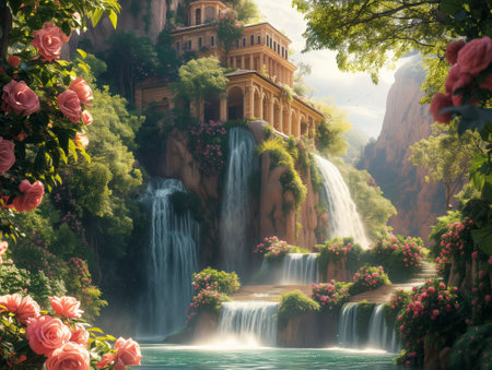Beautiful waterfall in the mountains. Artistic style. Toned.の素材