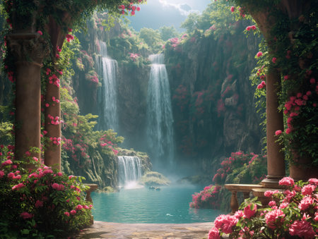 Beautiful view of the waterfall in the garden with pink flowers.の素材