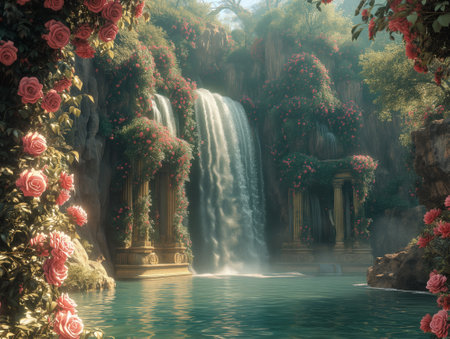 Waterfall in the garden with roses. Vintage style. 3d renderingの素材