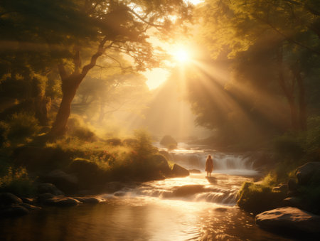 Beautiful woman walking in the forest river and enjoying the sunrise.の素材