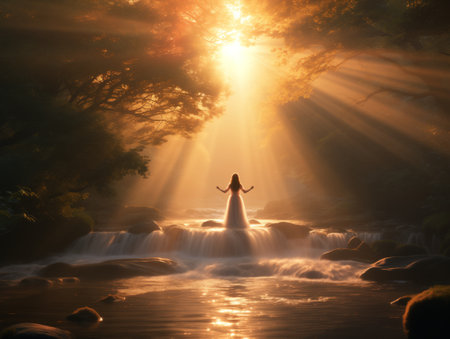 Beautiful woman in a flowing white dress on a waterfall at sunset.の素材