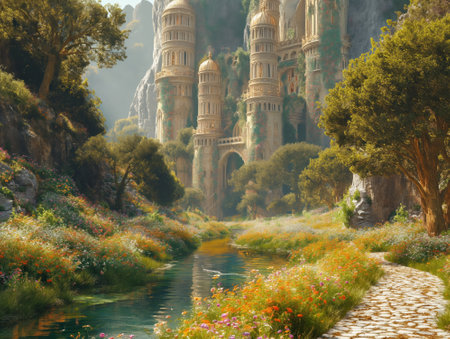 Fantasy landscape with a small river and a beautiful ancient city in the background. Digital painting.の素材