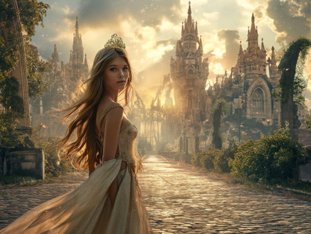 Beautiful girl in long white dress with a crown on her head is standing in front of a huge ancient temple. Digital painting.の素材
