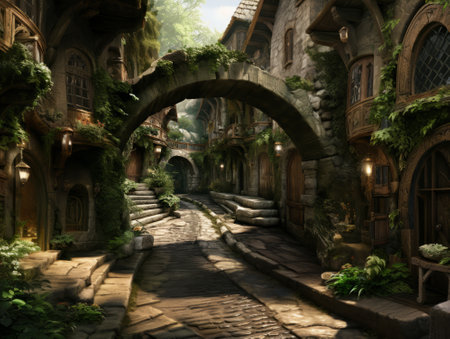 Old Fantasy Town with a stone arch and lots of vegetation. 3d renderingの素材