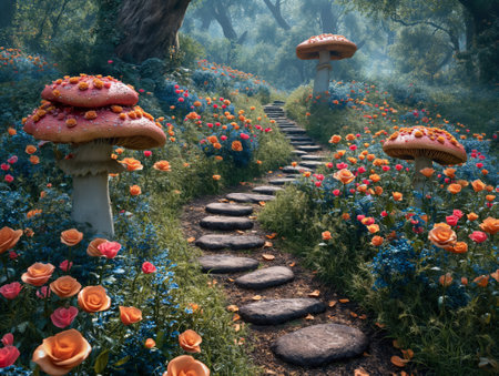 Fantasy landscape with a path leading to the garden with flowers.の素材