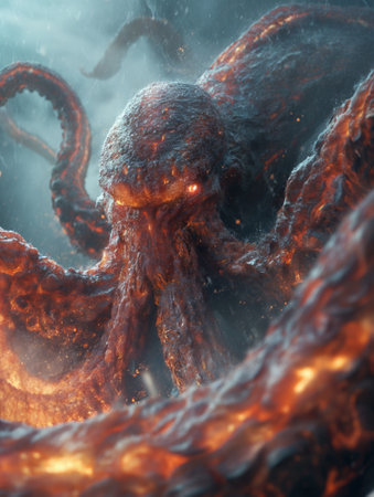 3d render of octopus in abstract space with fire and smokeの素材