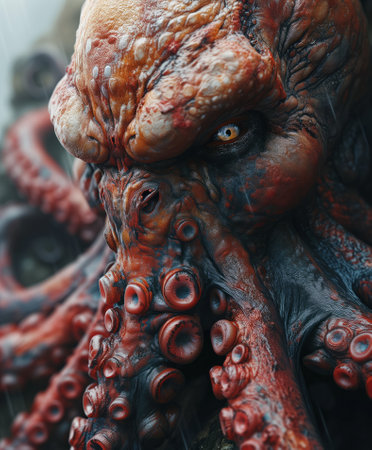 Close-up of a giant fantasy octopus head with tentacles in the oceanの素材