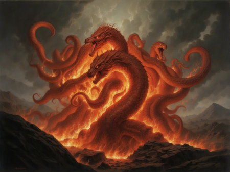 Fantasy illustration of dragons in the sky with fire and smokeの素材