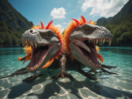 Funny dragon heads in clear water on the background of the mountains. 3d renderingの素材