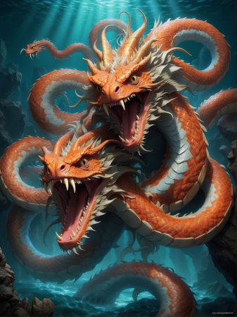 3D rendering of a red dragon with two heads in the deep blue sea.の素材