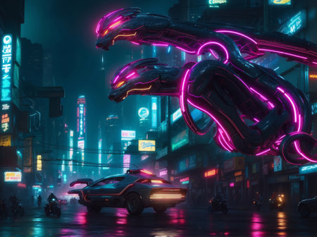 Futuristic neon cyborgs on the streets of a city with neon lights.の素材