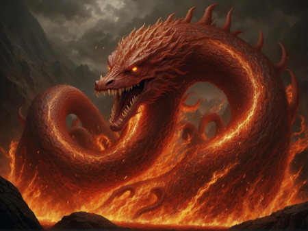 Abstract fantasy dragon in fire - 3D render.の素材