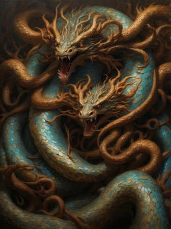 3D rendering of an abstract fantasy dragon with multiple heads.の素材