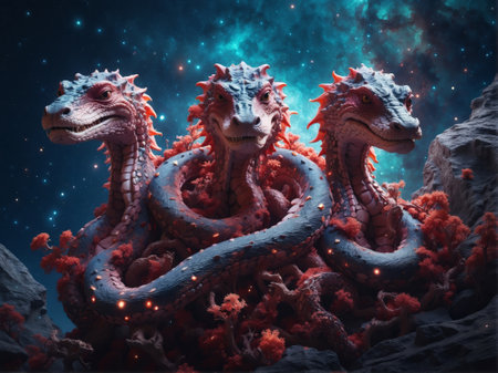 3D rendering of fantasy dragons in space. 3D rendering.の素材