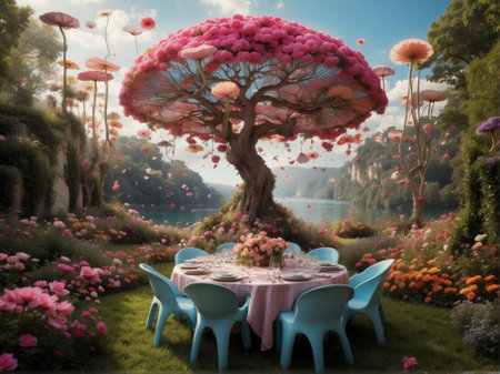Table and chairs with abstract fantasy tree and flowers in the garden. 3d render.の素材