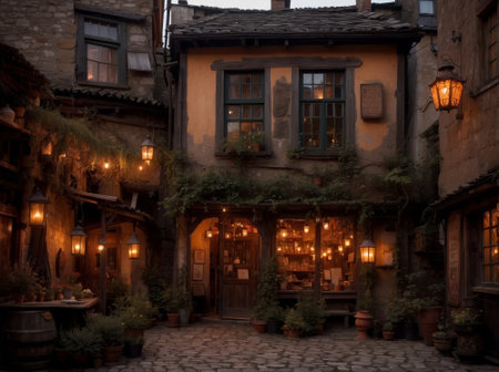 Night view of a street in the old town of Nesebar, Bulgariaの素材