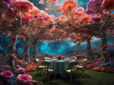 Surreal 3D render of a romantic dinner table in a fantasy garden.の素材
