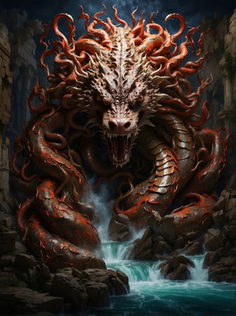 Dragon in the water, 3d rendering. Computer digital drawing.の素材