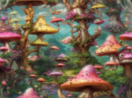 Fantasy landscape with mushrooms and trees in the forest. Colorful digital painting.の素材