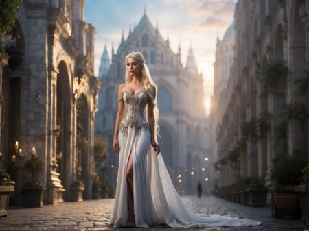 beautiful blonde girl in a long white dress on the background of the old cityの素材
