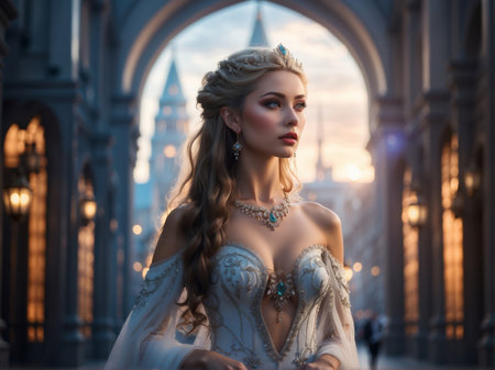 Beautiful girl in a white wedding dress on the background of a fantasy citysapeの素材