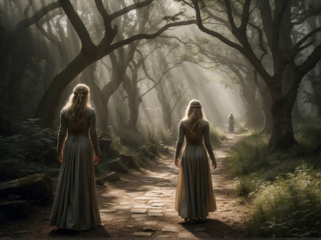 Fairies in long dresses walk in the magical forest in the mist.の素材