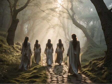 Mystical image of a group of women walking in the magical forest. Digital painting.の素材
