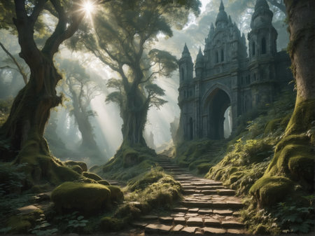 Mystical fantasy forest with stone stairs leading to an ancient temple. Digital painting.の素材