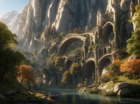 Mountain landscape with fantastical buildings and a river in the foreground. Digital painting.の素材