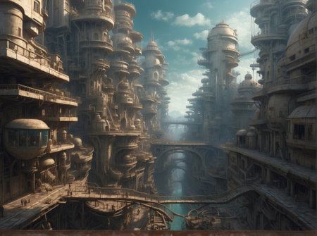Fantasy cityscape with a blend of ancient and futuristic architecture. Digital painting.の素材