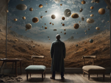 Abstract rear view of a man looking at the planets on a wall. 3D Illustration.の素材