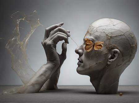Abstract conceptual digital painting of a man's head and handsの素材