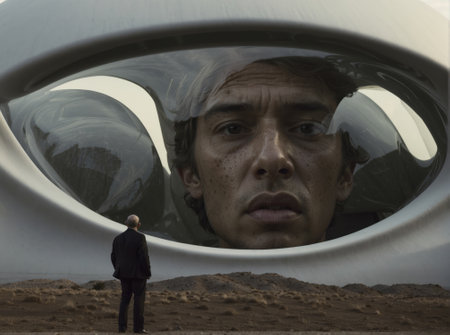 Reflection of a man in a hole in the middle of a desertの素材