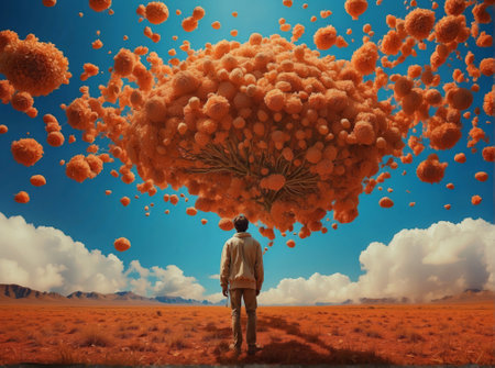 Conceptual image of a man standing in front of surreal big treeの素材