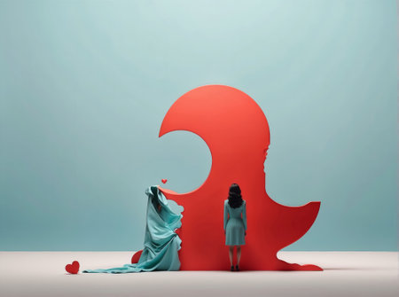 3d illustration of a woman in a blue dress standing in front of a red question markの素材