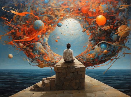 Man sitting on the edge of the sea and surrounded by fantasy Elements. 3D Illustration.の素材