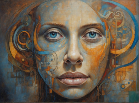 The abstract face of a woman painted with oil paints.の素材
