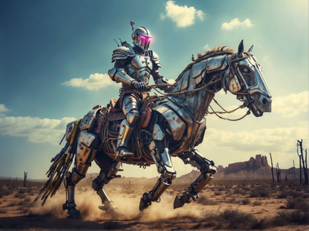 Knight on horseback in the desert. 3d rendering toned imageの素材