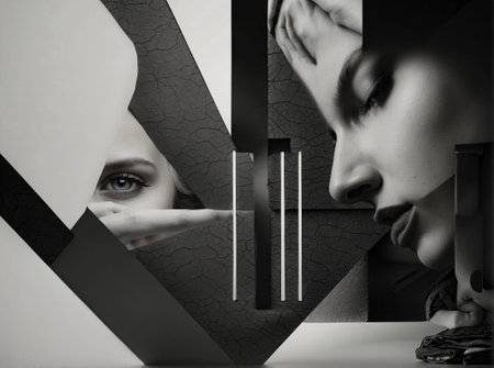 Abstract Artwork of beautiful woman in a black and white interior. Art collageの素材