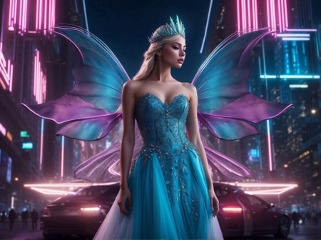 Beautiful Fairy in a long blue dress and a crown on her head against the backdrop of a futuristic neon city at night. 3D Rendering.の素材