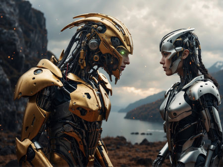 Two cyborgs fighting on the background of the sea and mountains. 3D Rendering.の素材